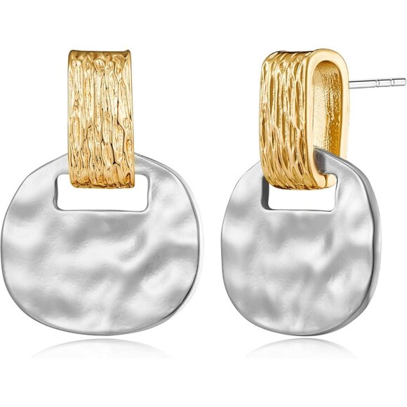 Gold and Silver Boho Hammered Statement Finish Dangle Drop Earrings for Women - Picture 1 of 6